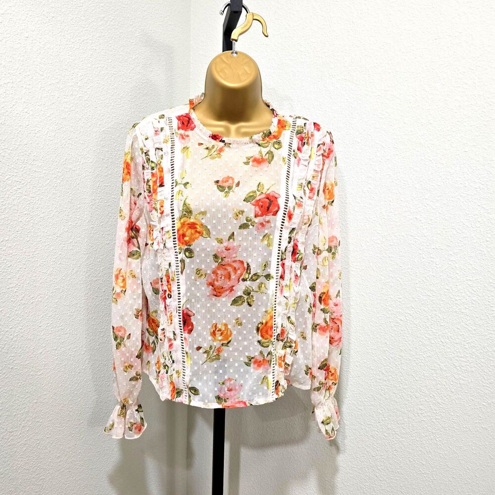 Floral Sheer Swiss Dot Blouse Med Cottage Fairy Dainty Romantic Poetic Ruffled